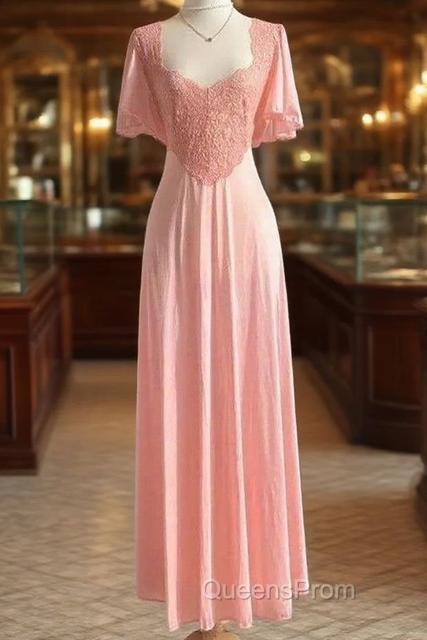 Retro Pink Long Bridesmaid Dress Lace Evening Prom Dress