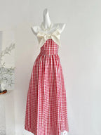 Retro Red And White Plaid A-Line Bow Strap Long Classy Prom Dress 17Th Birthday Dress