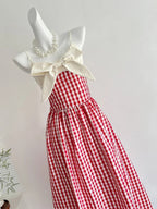 Retro Red And White Plaid A-Line Bow Strap Long Classy Prom Dress 17Th Birthday Dress