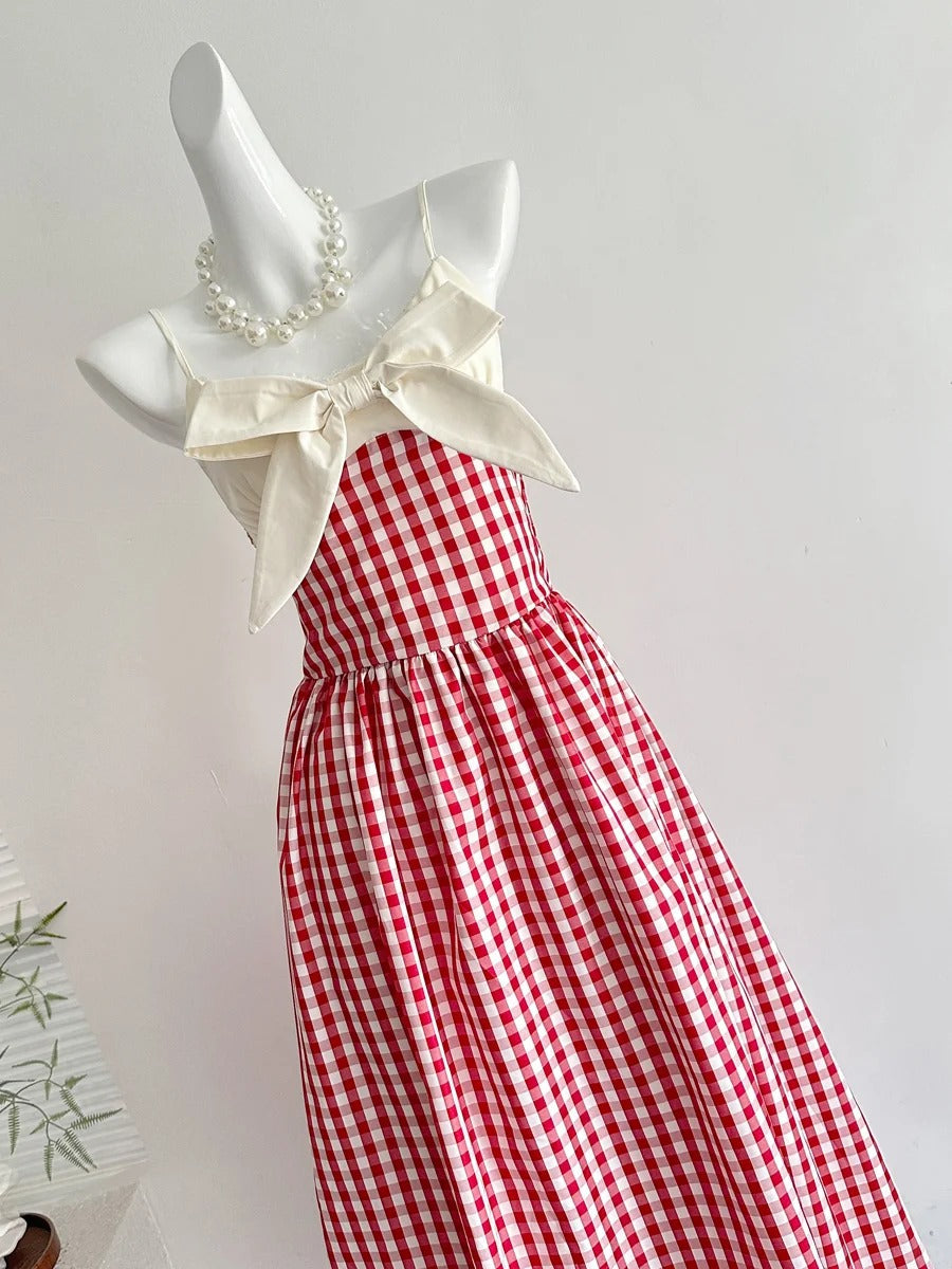 Retro Red And White Plaid A-Line Bow Strap Long Classy Prom Dress 17Th Birthday Dress