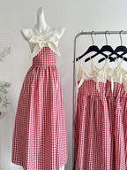 Retro Red And White Plaid A-Line Bow Strap Long Classy Prom Dress 17Th Birthday Dress