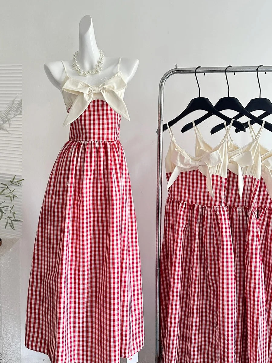 Retro Red And White Plaid A-Line Bow Strap Long Classy Prom Dress 17Th Birthday Dress