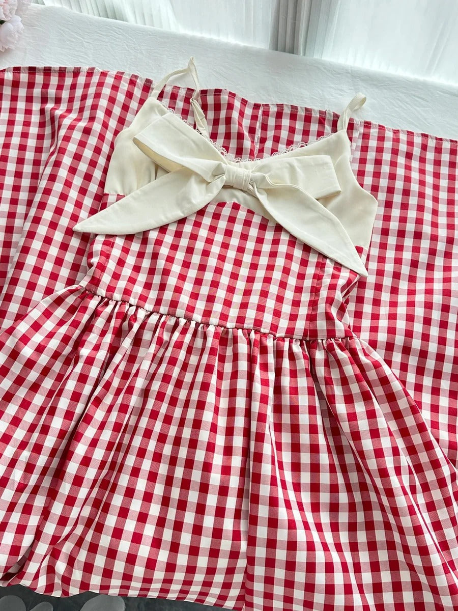 Retro Red And White Plaid A-Line Bow Strap Long Classy Prom Dress 17Th Birthday Dress