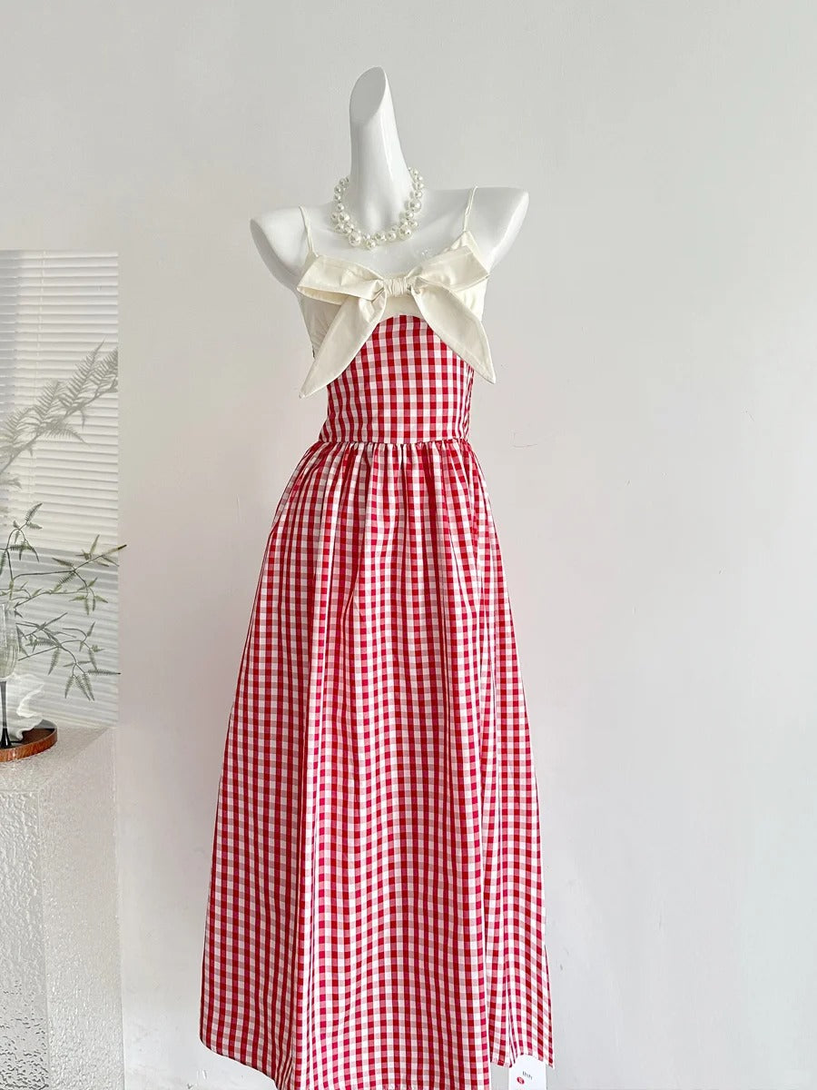 Retro Red And White Plaid A-Line Bow Strap Long Classy Prom Dress 17Th Birthday Dress Main image