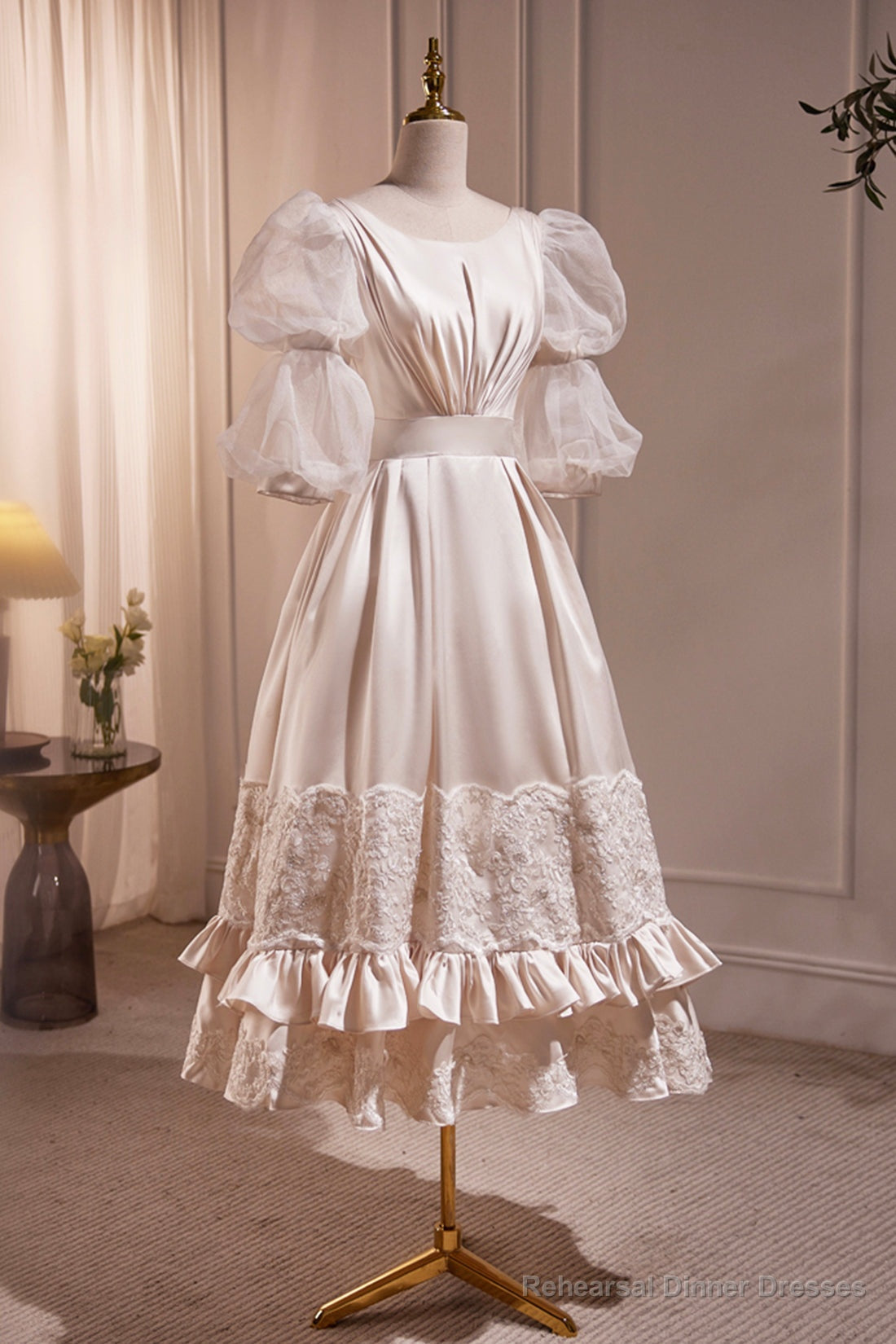 Retro Scoop Neck Lace Tea-length Prom Dress, A-Line Puffy Short Sleeve Party Dress Main image