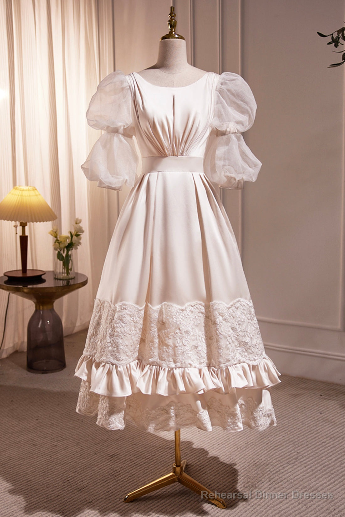 Retro Scoop Neck Lace Tea-length Prom Dress, A-Line Puffy Short Sleeve Party Dress Secondary image