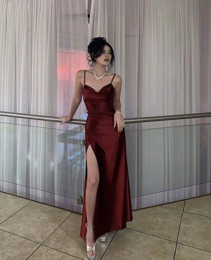Retro Sheath Spaghetti Straps Burgundy Satin Long Party Dress Classy Prom Dress