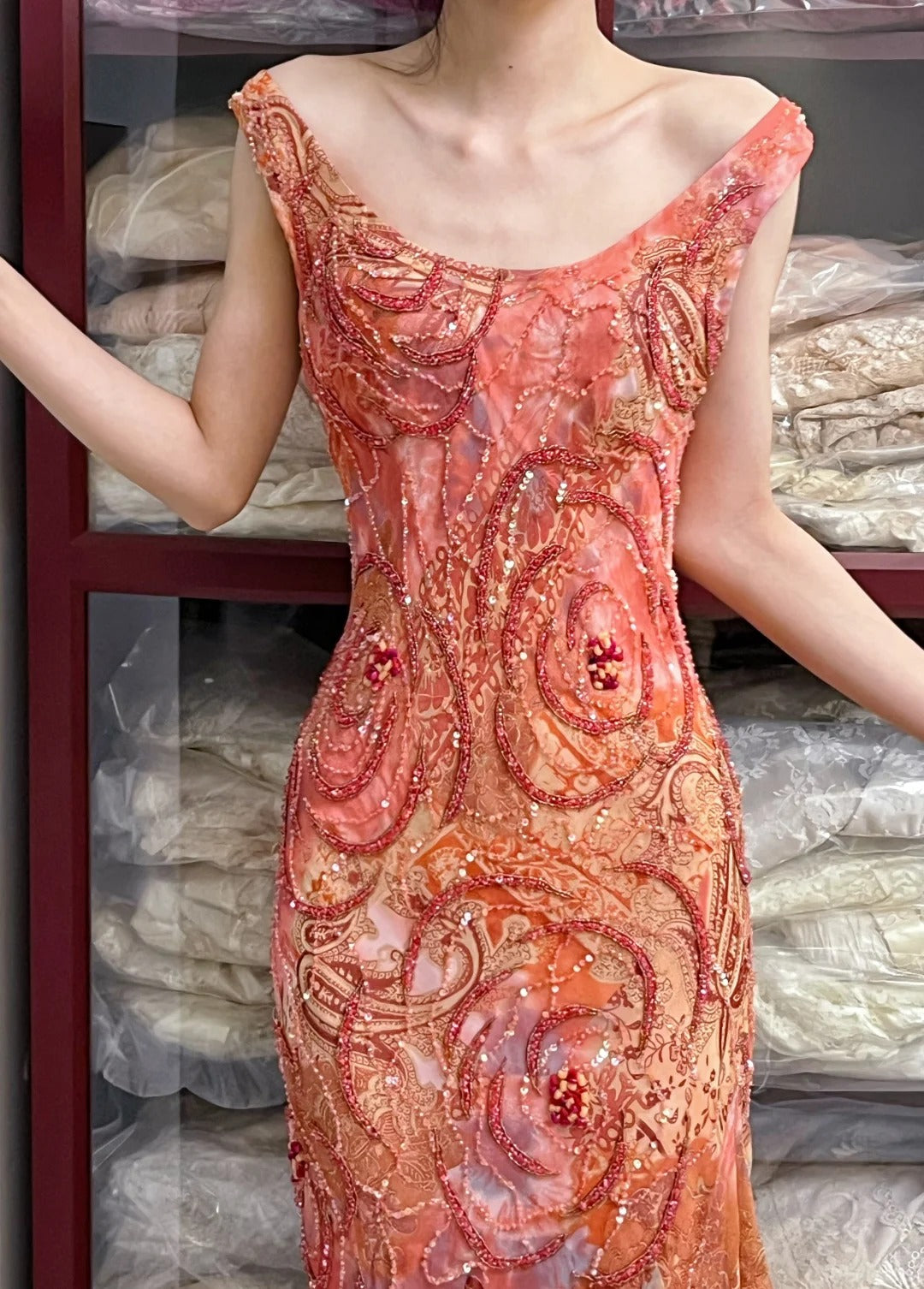 Retro Sparkling Orange-Red Mermaid Ruffled Beaded Chiffon Long Classy Prom Dress