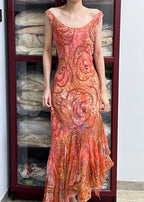 Retro Sparkling Orange-Red Mermaid Ruffled Beaded Chiffon Long Classy Prom Dress