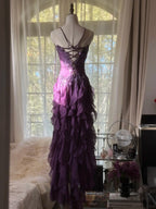 Retro Strapless Grape Purple Fungus Curled Skirt Chiffon Long Classy Prom Dress