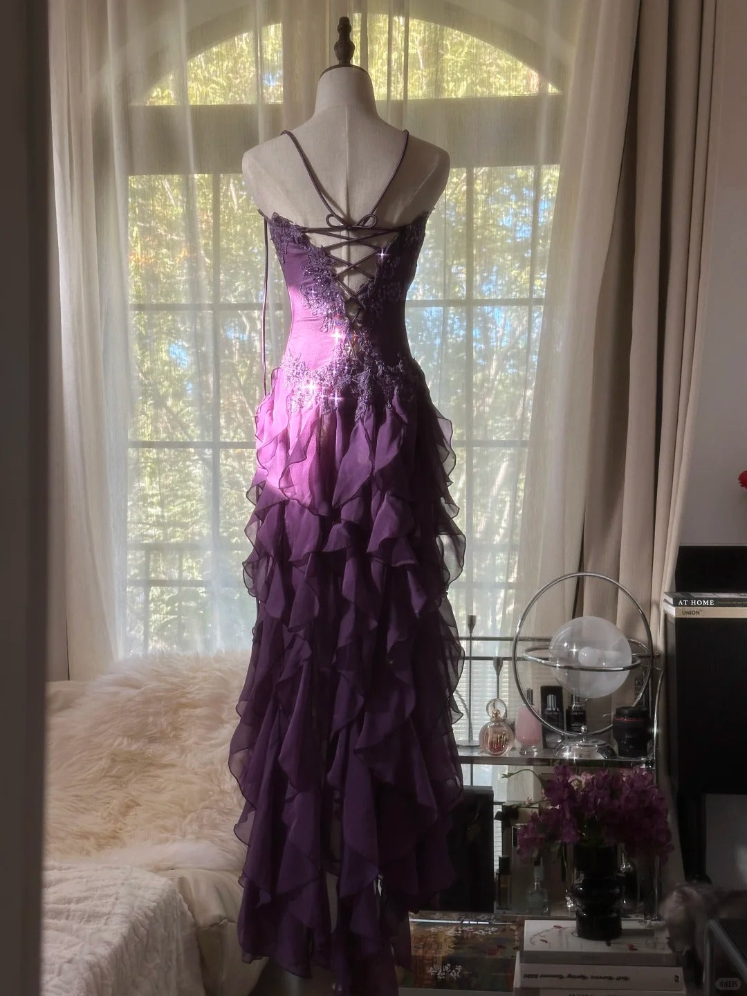 Retro Strapless Grape Purple Fungus Curled Skirt Chiffon Long Classy Prom Dress