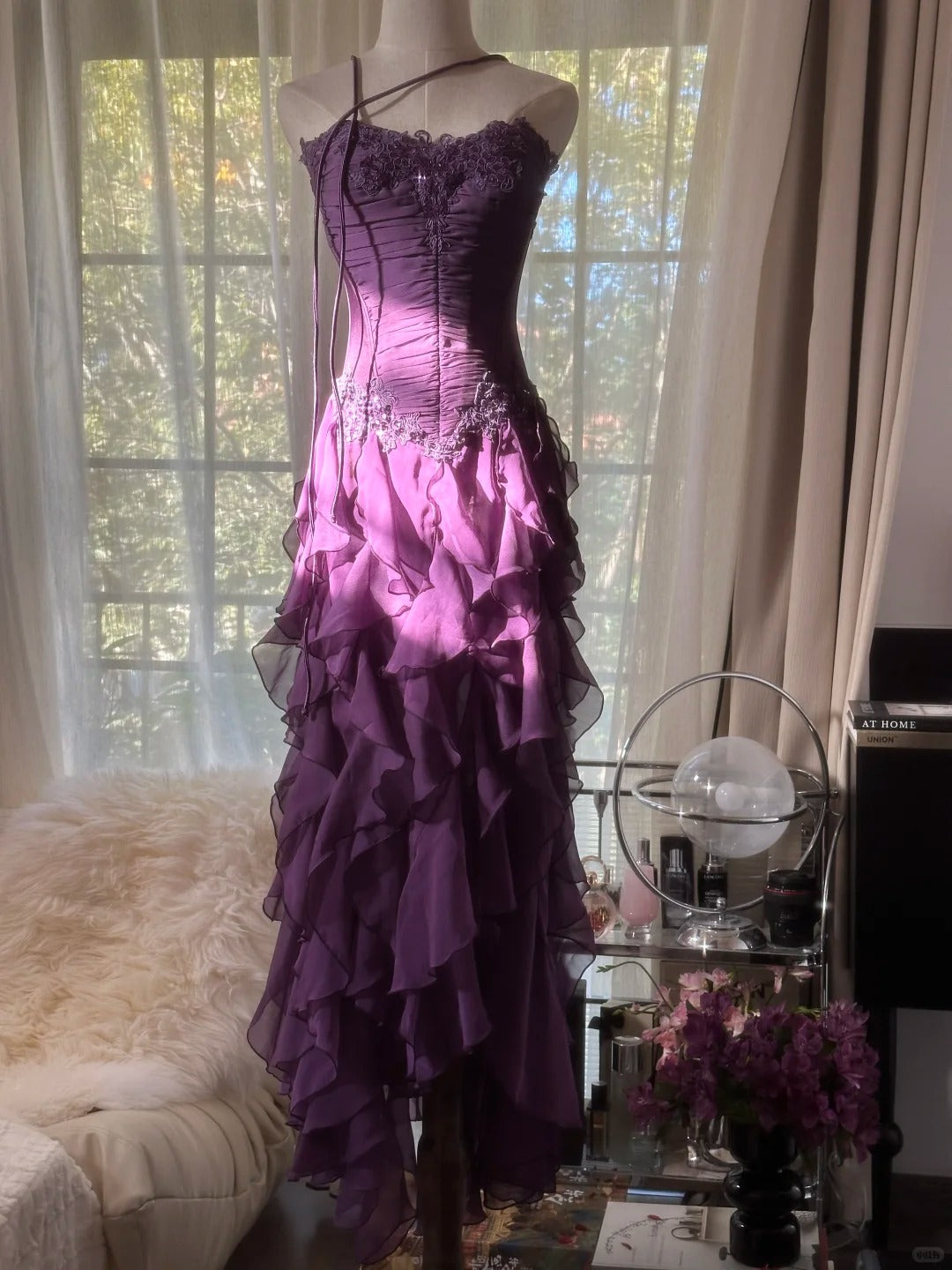 Retro Strapless Grape Purple Fungus Curled Skirt Chiffon Long Classy Prom Dress