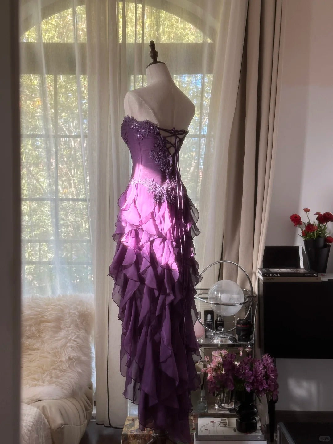 Retro Strapless Grape Purple Fungus Curled Skirt Chiffon Long Classy Prom Dress