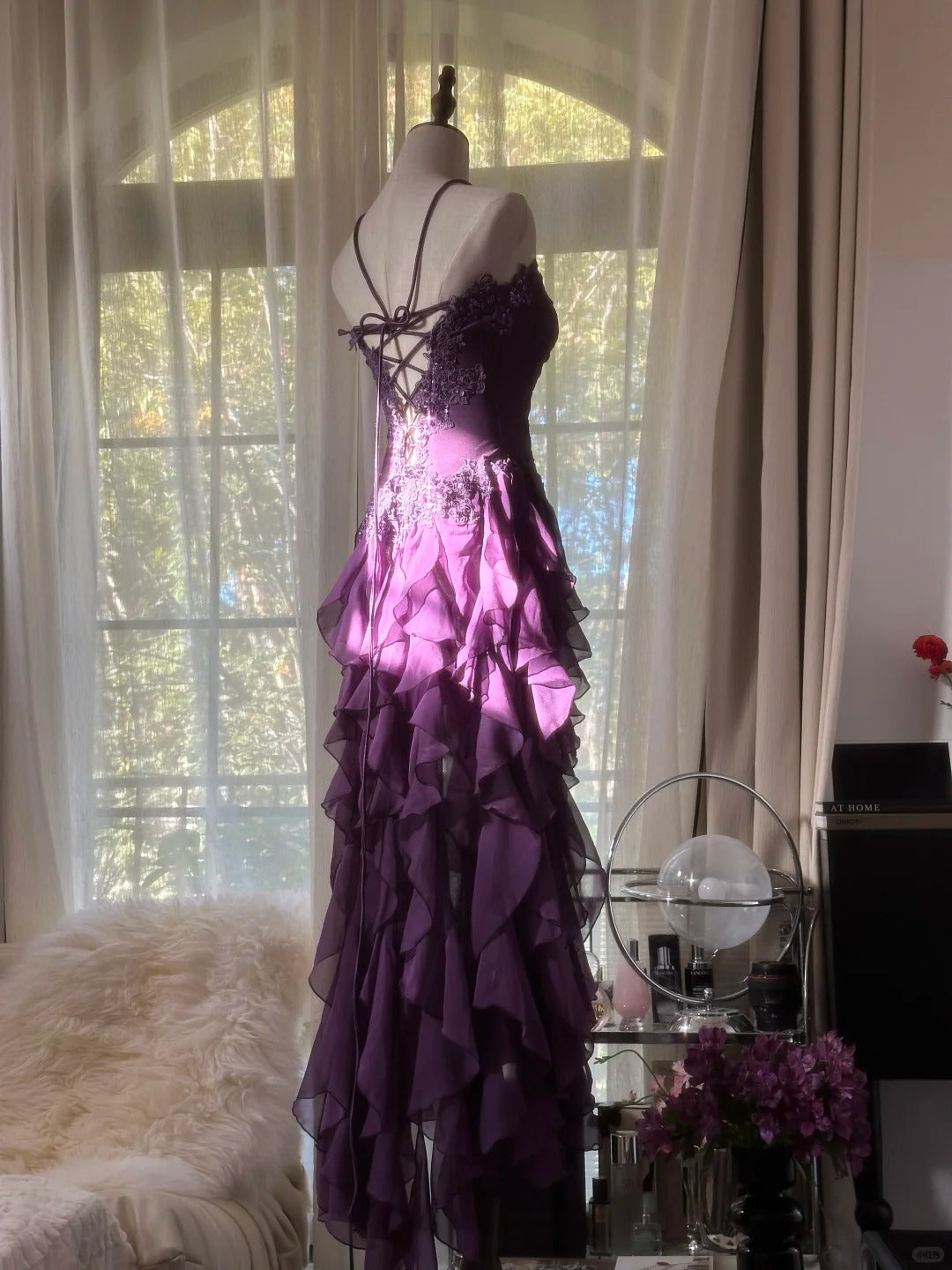 Retro Strapless Grape Purple Fungus Curled Skirt Chiffon Long Classy Prom Dress