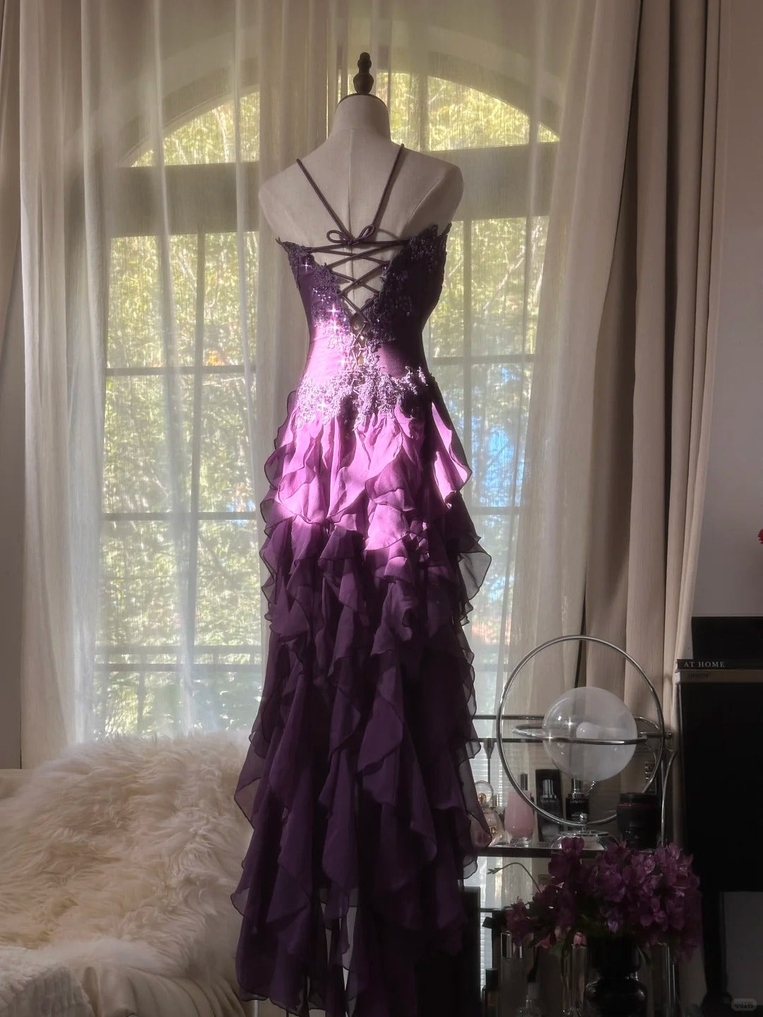 Retro Strapless Grape Purple Fungus Curled Skirt Chiffon Long Classy Prom Dress