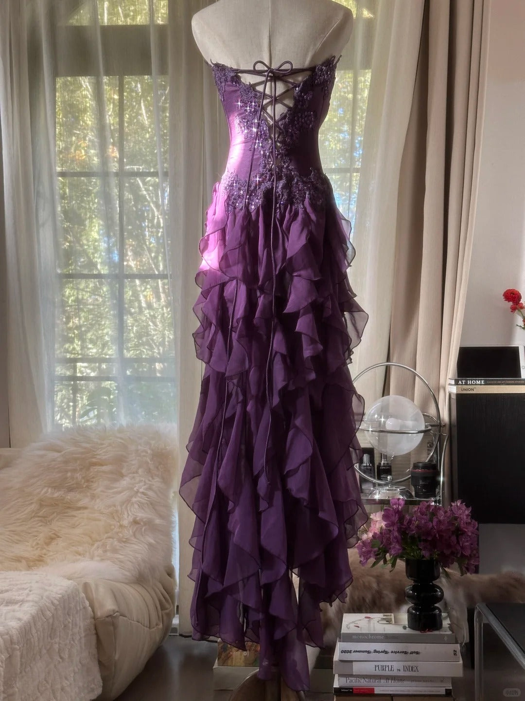 Retro Strapless Grape Purple Fungus Curled Skirt Chiffon Long Classy Prom Dress