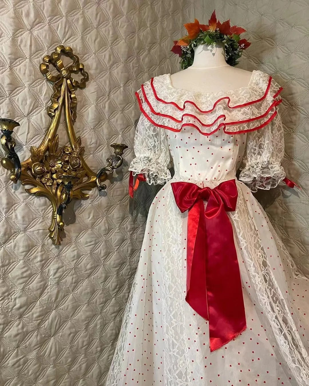 Retro White And Red Color-Blocked Ruffled Collar Polka Dot Bow Lace A-Line Long Classy Prom Dress