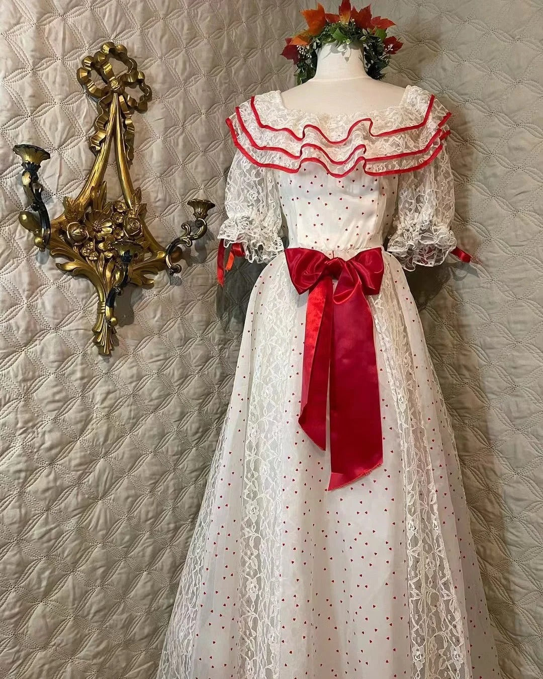 Retro White And Red Color-Blocked Ruffled Collar Polka Dot Bow Lace A-Line Long Classy Prom Dress