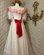 Retro White And Red Color-Blocked Ruffled Collar Polka Dot Bow Lace A-Line Long Classy Prom Dress