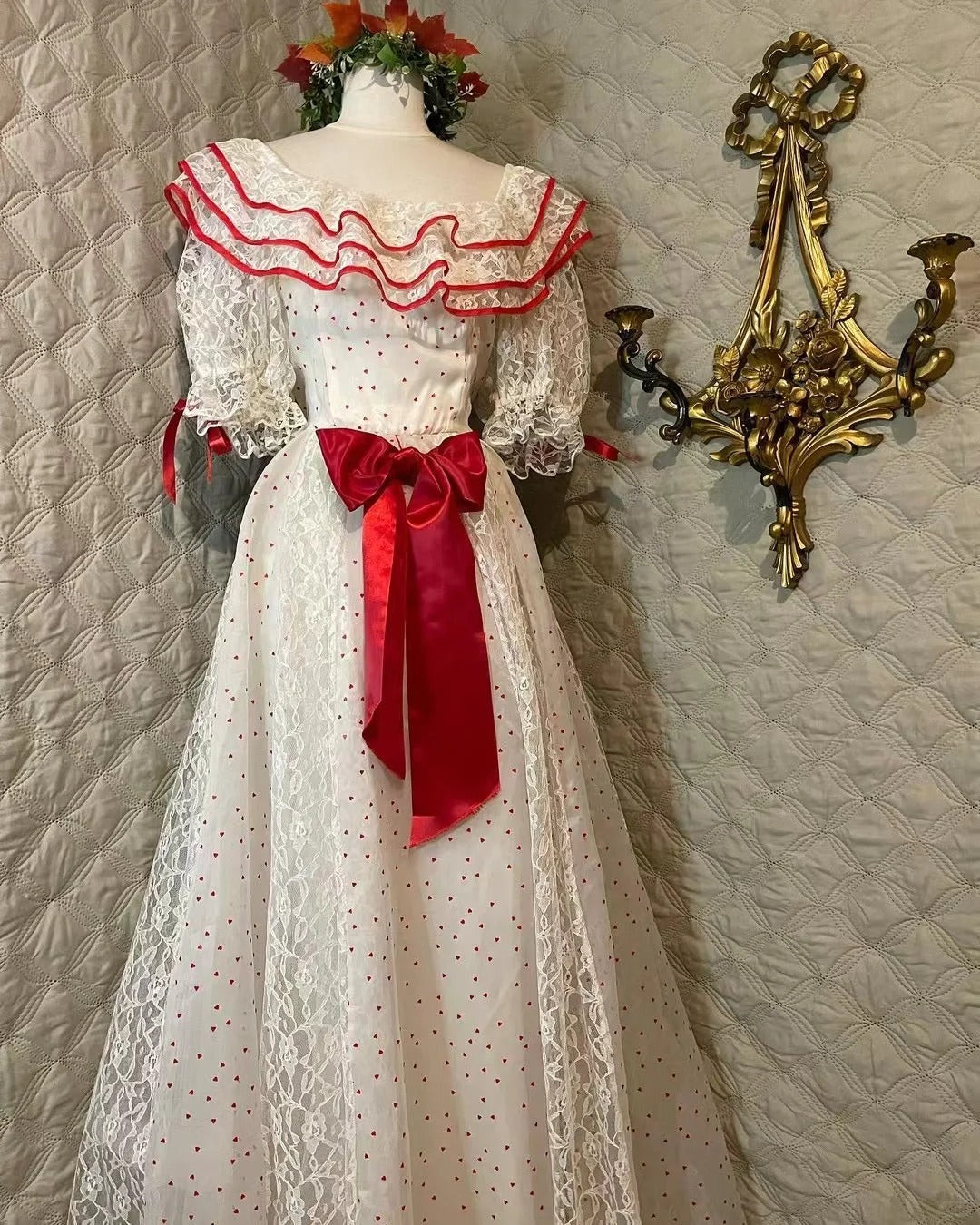 Retro White And Red Color-Blocked Ruffled Collar Polka Dot Bow Lace A-Line Long Classy Prom Dress