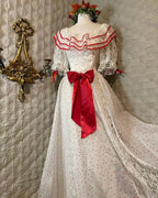 Retro White And Red Color-Blocked Ruffled Collar Polka Dot Bow Lace A-Line Long Classy Prom Dress