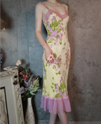 Retro Yellow-Based Purple Floral Mermaid Spaghetti Strap V-Neck Chiffon Classy Prom Dress