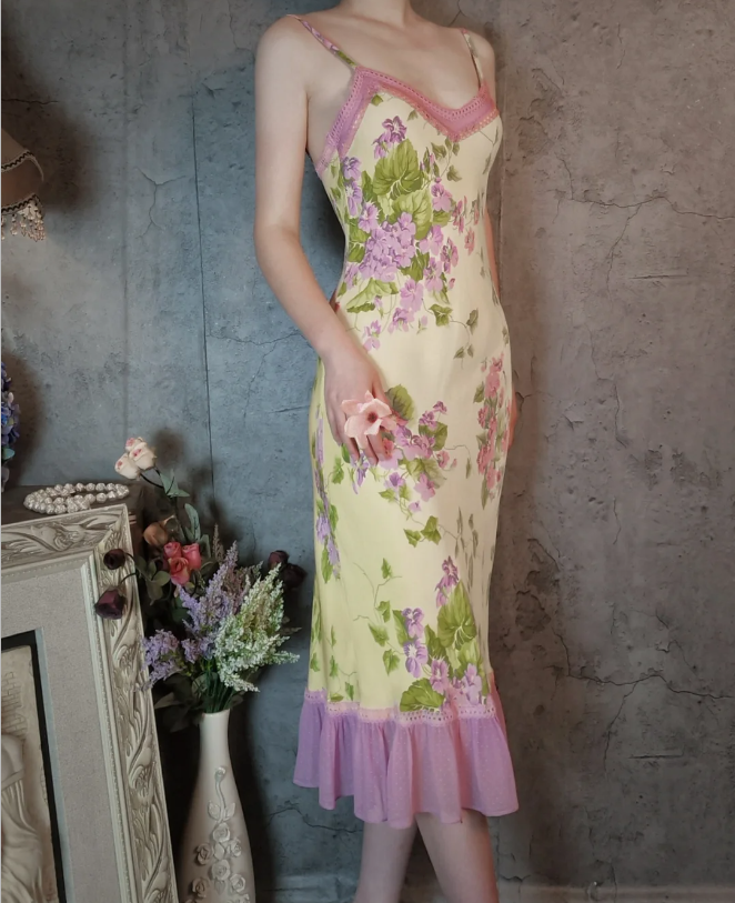 Retro Yellow-Based Purple Floral Mermaid Spaghetti Strap V-Neck Chiffon Classy Prom Dress