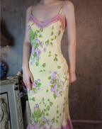 Retro Yellow-Based Purple Floral Mermaid Spaghetti Strap V-Neck Chiffon Classy Prom Dress