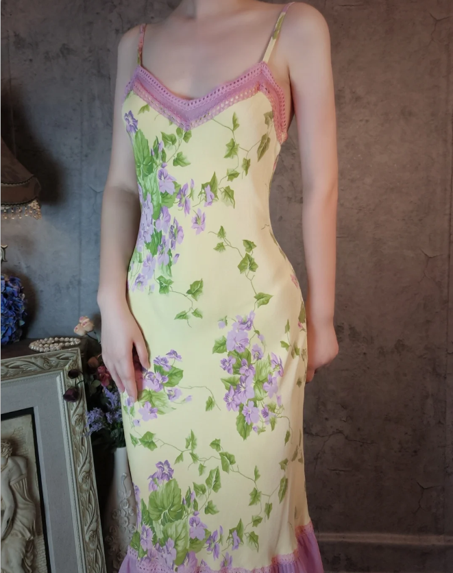 Retro Yellow-Based Purple Floral Mermaid Spaghetti Strap V-Neck Chiffon Classy Prom Dress