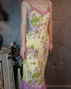 Retro Yellow-Based Purple Floral Mermaid Spaghetti Strap V-Neck Chiffon Classy Prom Dress