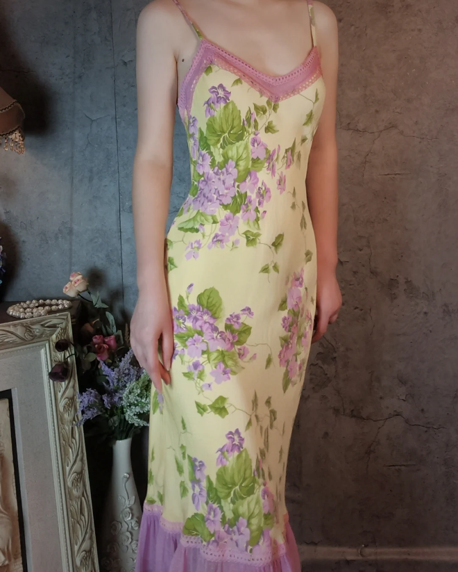 Retro Yellow-Based Purple Floral Mermaid Spaghetti Strap V-Neck Chiffon Classy Prom Dress
