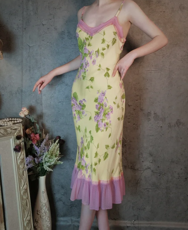 Retro Yellow-Based Purple Floral Mermaid Spaghetti Strap V-Neck Chiffon Classy Prom Dress Main image