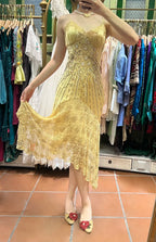 Retro Yellow Irregular Deep V Halter Lace Satin Classy Prom Dress