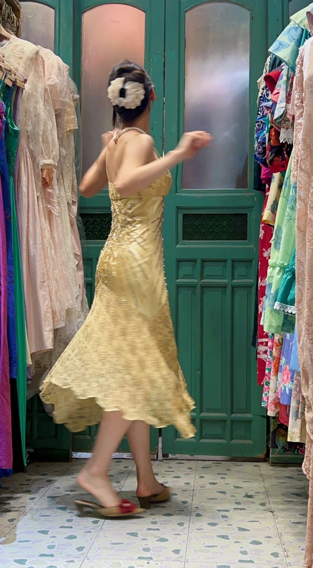 Retro Yellow Irregular Deep V Halter Lace Satin Classy Prom Dress