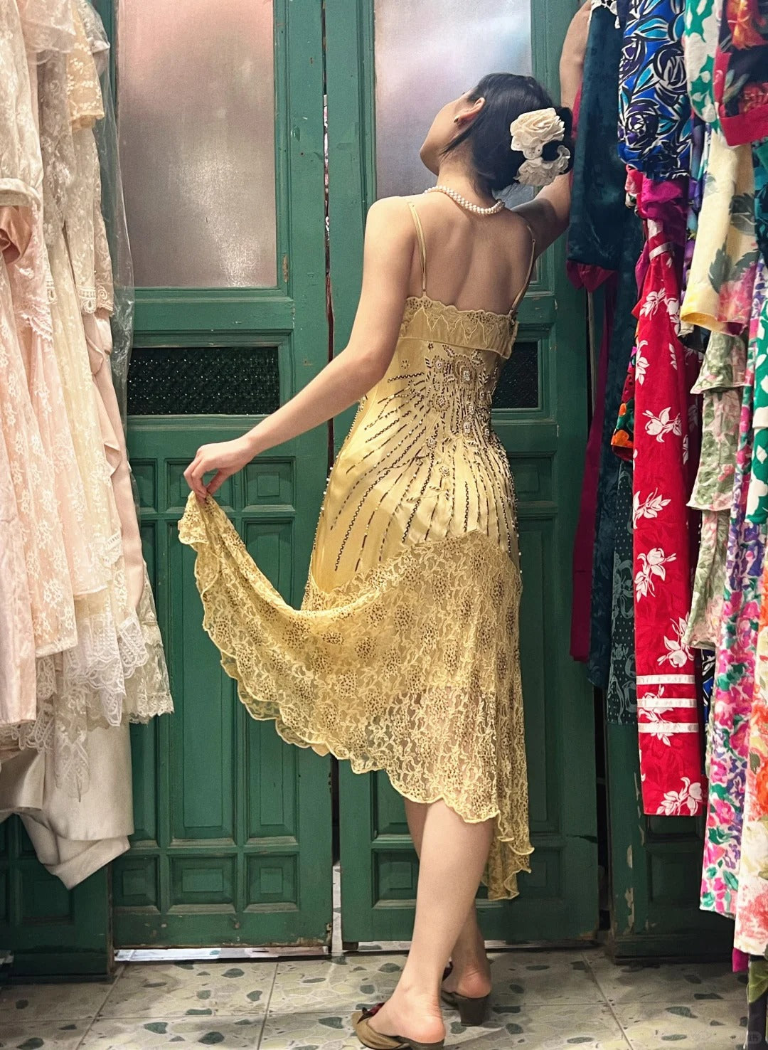 Retro Yellow Irregular Deep V Halter Lace Satin Classy Prom Dress