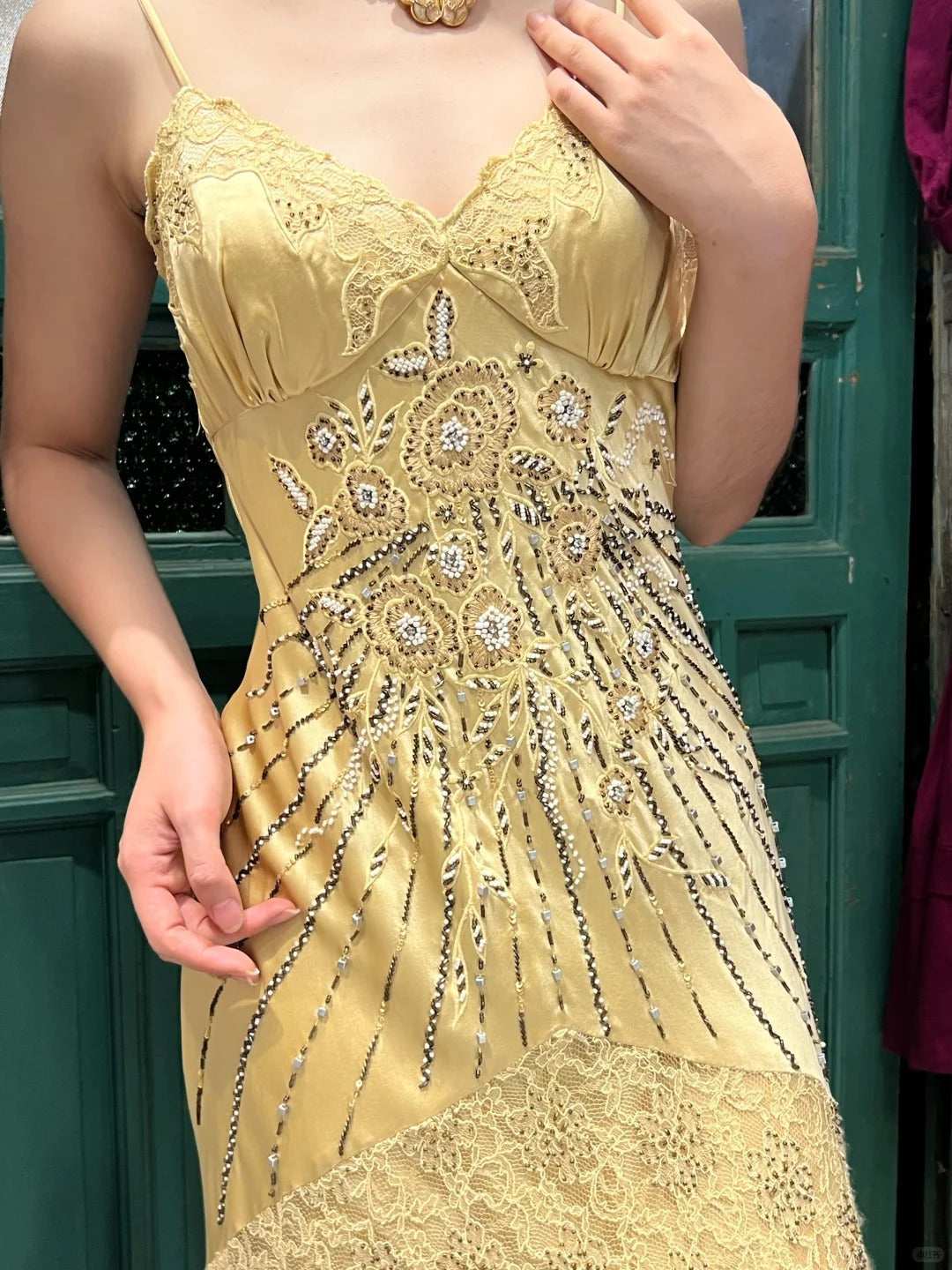 Retro Yellow Irregular Deep V Halter Lace Satin Classy Prom Dress