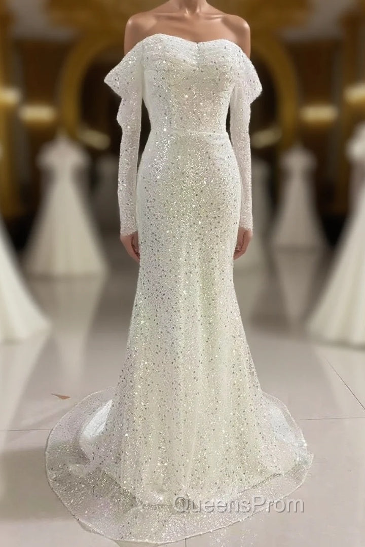 Ivory Mermaid Sequined Evening Prom Dress with Long Sleeves, Sparkly Long Party Dress Main image