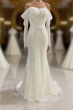 Ivory Mermaid Sequined Evening Prom Dress with Long Sleeves, Sparkly Long Party Dress
