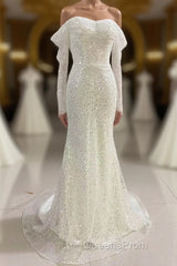 Ivory Mermaid Sequined Evening Prom Dress with Long Sleeves, Sparkly Long Party Dress