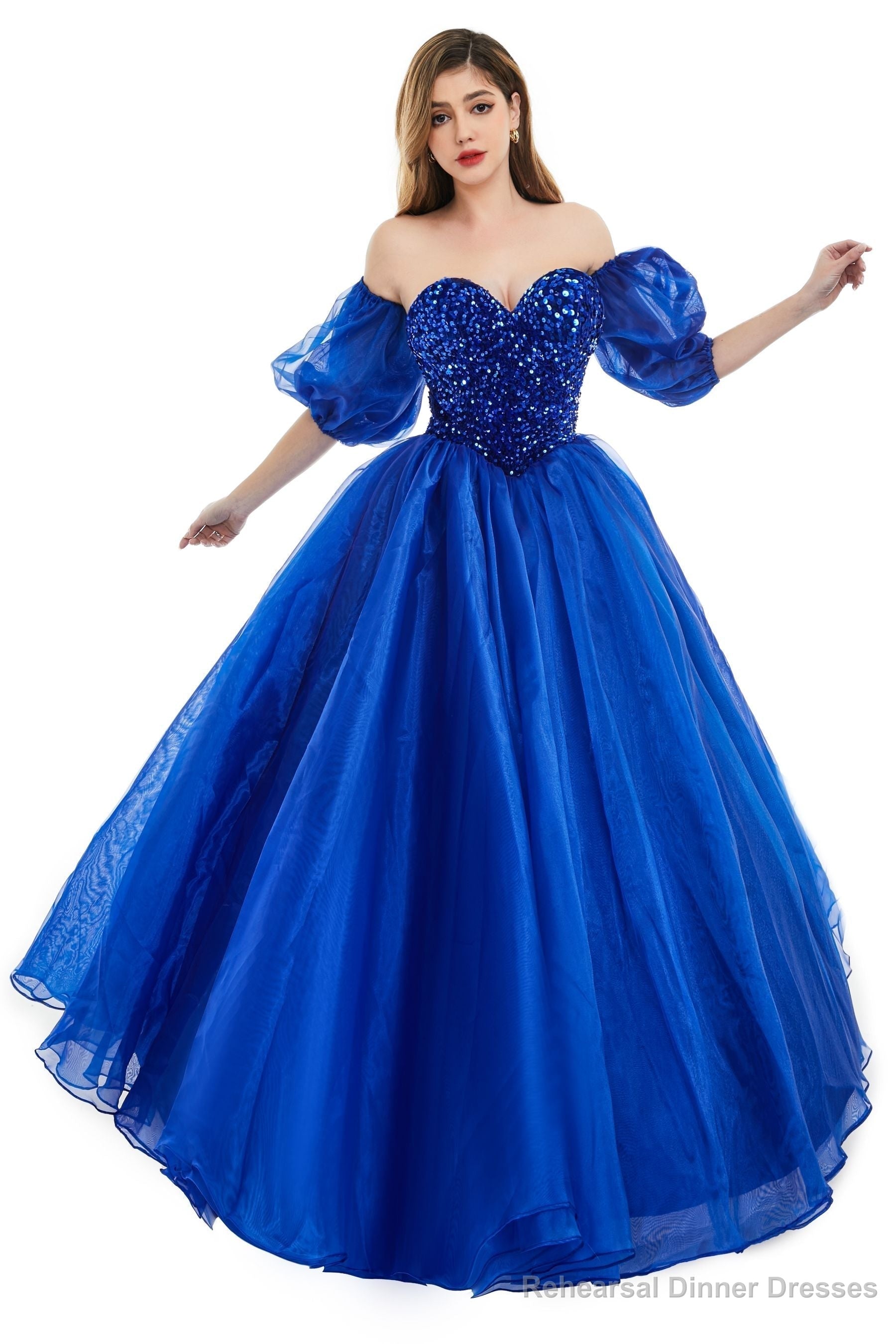 Roayl Blue Tulle Sequins Sweetheart Prom Dresses Spaghetti Straps Evening Quinceanera Dresses Main image