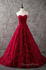 Romantic Burgundy Lace Embroidery Sweetheart Wedding Dress Princess