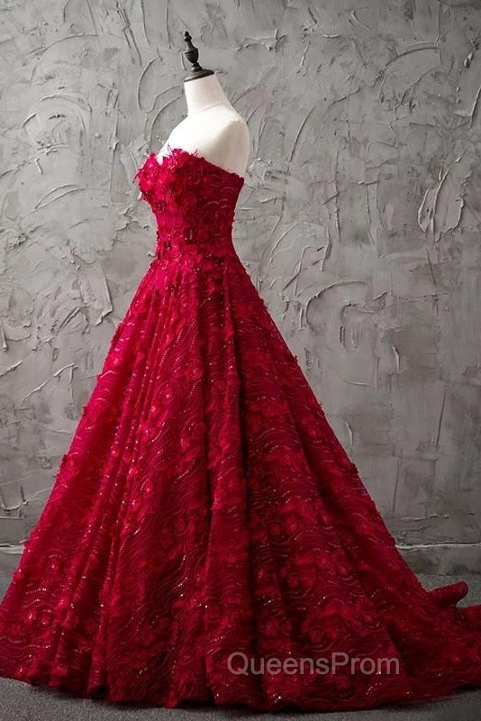 Romantic Burgundy Lace Embroidery Sweetheart Wedding Dress Princess