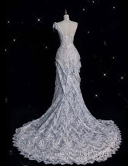 Romantic High Low One Shoulder Lace White Long Wedding Dress