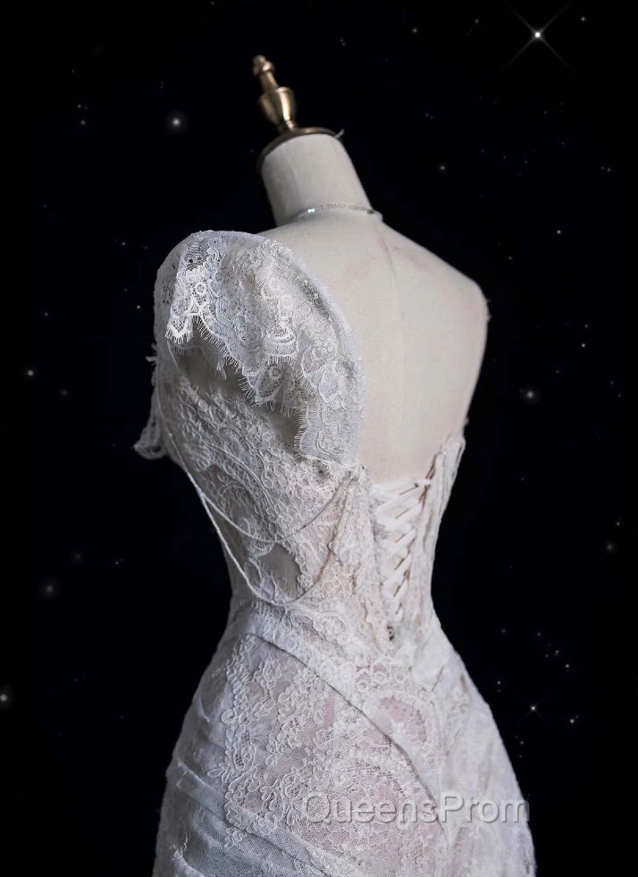 Romantic High Low One Shoulder Lace White Long Wedding Dress