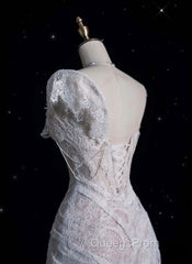 Romantic High Low One Shoulder Lace White Long Wedding Dress