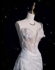 Romantic High Low One Shoulder Lace White Long Wedding Dress