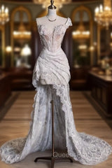 Romantic High Low One Shoulder Lace White Long Wedding Dress