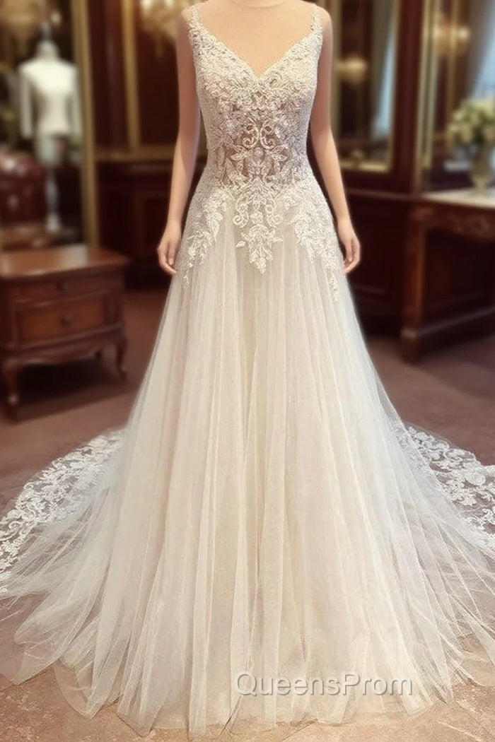 Romantic Long A-Line Spaghetti Straps Appliques Lace Backless Wedding Dress Main image