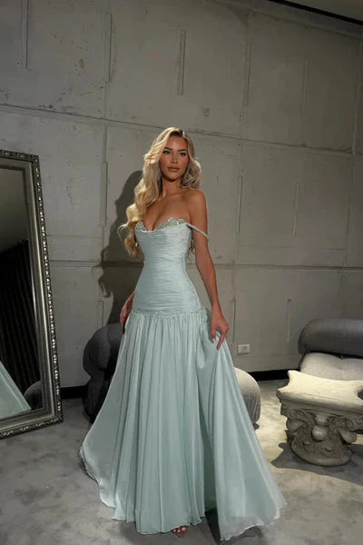 Romantic Off-The-Shoulder Chiffon Sleeveless Classy Prom Dress Beads Pleats With Zipper