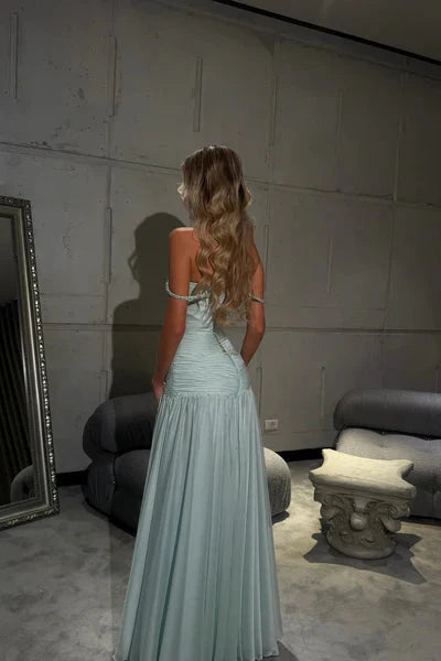 Romantic Off-The-Shoulder Chiffon Sleeveless Classy Prom Dress Beads Pleats With Zipper